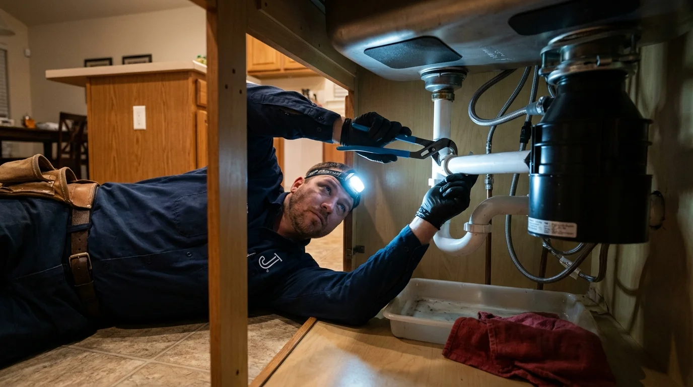 P-trap and supply line connections under a kitchen sink showing a common leak point in Lusk, WY
